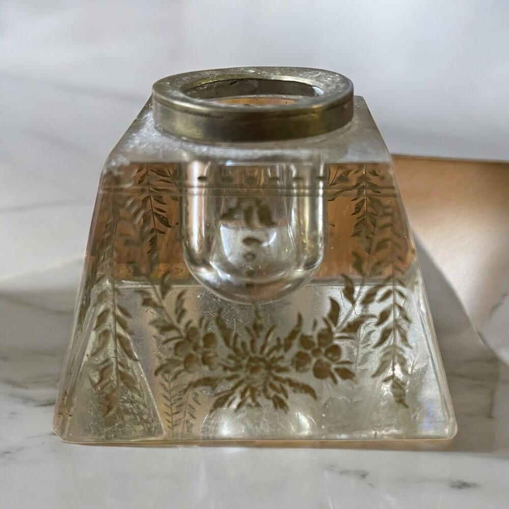 Vintage Crystal Glass Ornate Inkwell Oblong Silver top Designs Antique Retro Old